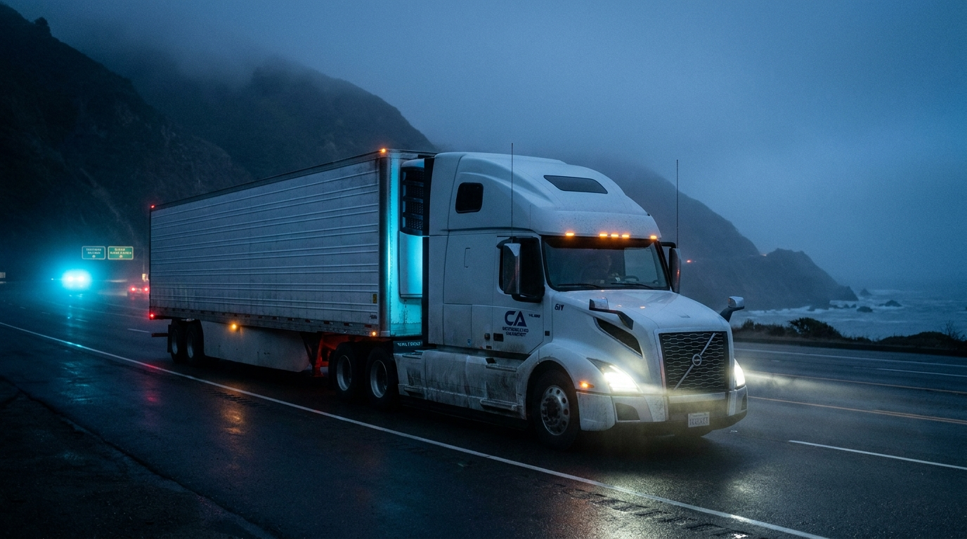 Refrigerated semi truck on coastal highway at night